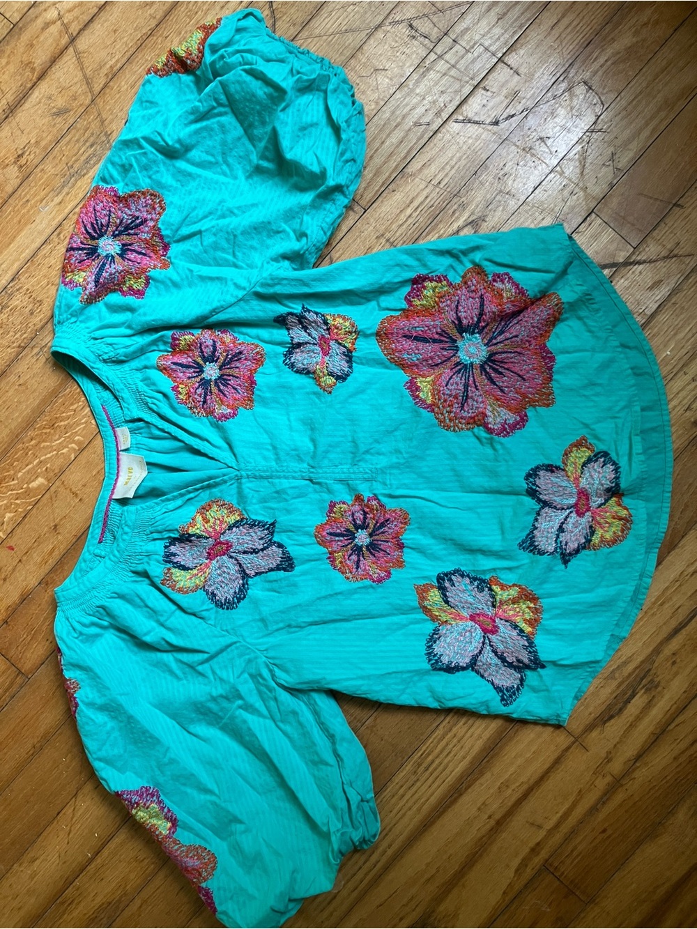 Maeve Turquoise Floral Embroidered Puff-Sleeve Top